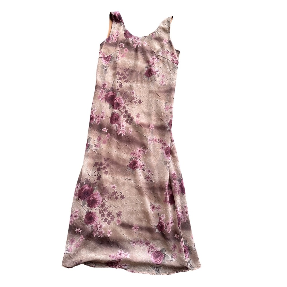 Vintage Floral Crinkle Chiffon Maxi Dress Sleeveless Mauve Tan A1416